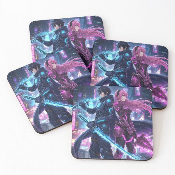 Item preview, Epic Anime Swordsman & Swordswoman Back to Back – Cyberpunk Neon Aura Illustration designed and sold by wilnickvisuals.
