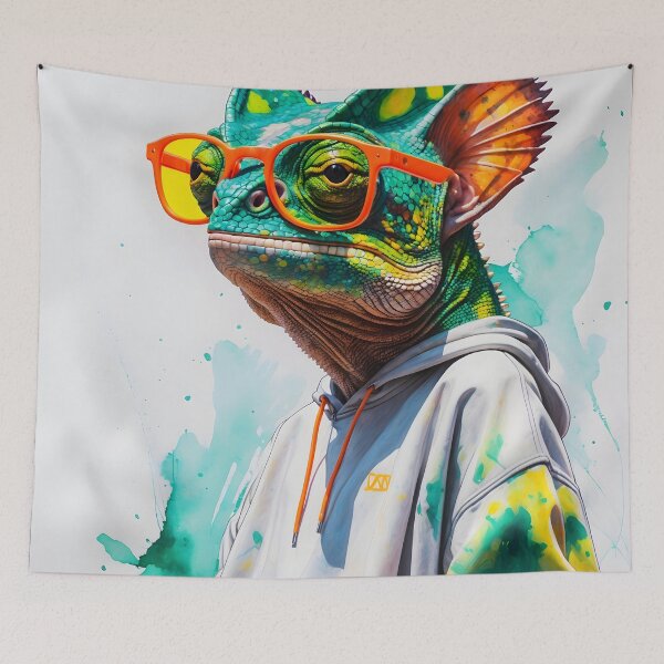 Artikelvorschau, Chamäleon trägt Hoodie Aquarell Kunstdruck entworfen und verkauft von Retro-Anime9.