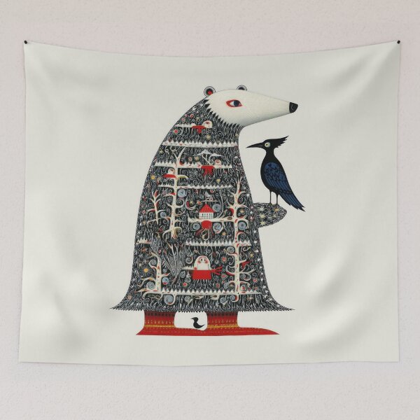 Item preview, Folk Art Polar Bear Spirit with Forest and Raven | Whimsical Woodland Animal Illustration designed and sold by dawnleblanc55.