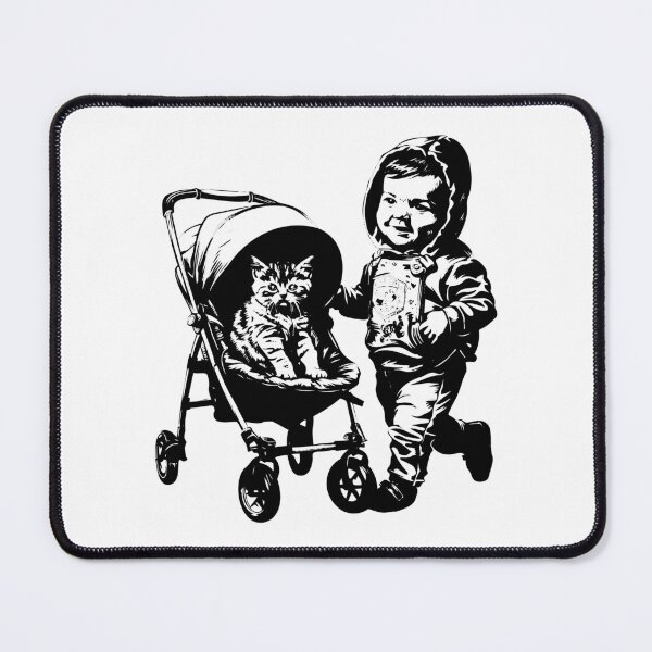 Item preview, Toddler Pushing Cat in Stroller – Cute and Funny Black and White Art designed and sold by inkoutninja.