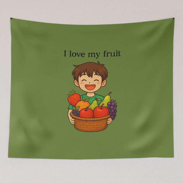 Item preview, I Love My Fruit – Vibrant Anime Boy with Basket of Fresh Produce designed and sold by Twittlefish.