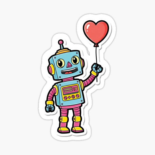 Item preview, Retro Robot with Heart Balloon Sticker | Cute Funny Cartoon designed and sold by The-Magic-Ink.