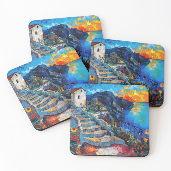 Item preview, Mediterranean Cliffside Steps – Vibrant Coastal Sunset Art designed and sold by NeoNebulaArt.