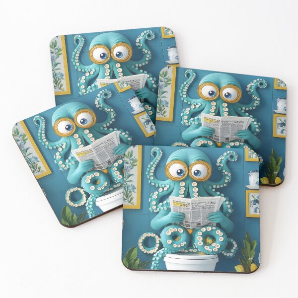 Item preview, Octopus Newspaper Reader Cartoon Teal Sea Bathroom designed and sold by justnickthings.