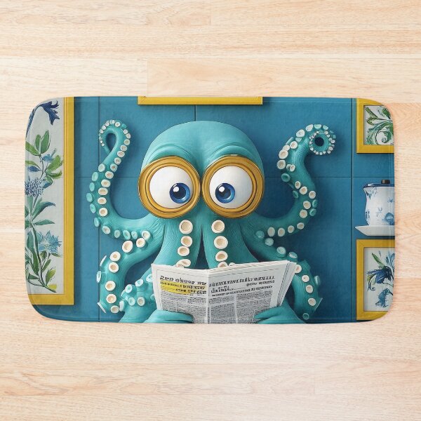 Item preview, Octopus Newspaper Reader Cartoon Teal Sea Bathroom designed and sold by justnickthings.