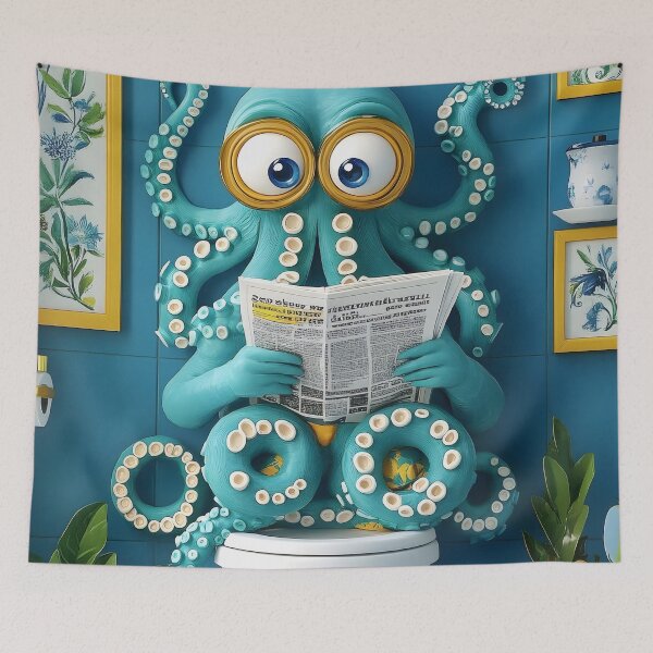 Item preview, Octopus Newspaper Reader Cartoon Teal Sea Bathroom designed and sold by justnickthings.