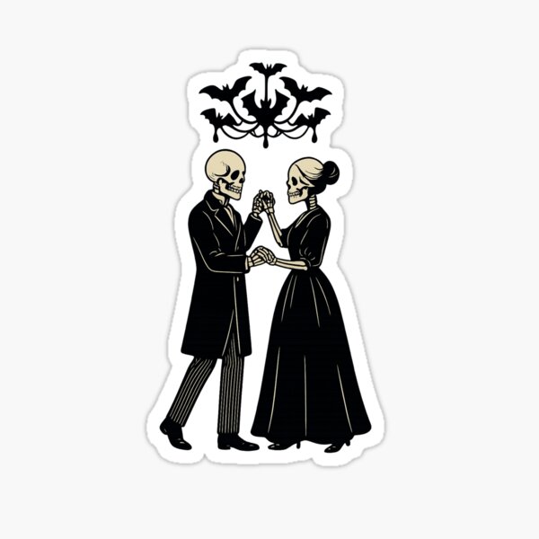 Item preview, Skeleton Waltz – Gothic Victorian Skeleton Dance Under Bat Chandelier Sticker designed and sold by Feral Confetti.