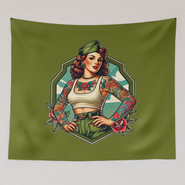Item preview, Vintage Rockabilly Pin-Up Girl Army Print Artwork designed and sold by PinUpPizzazz.