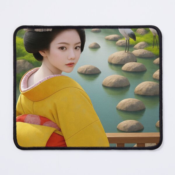 Aperçu de l'œuvre Élégante geisha japonaise sur un pont – Kimono traditionnel, étang tranquille, grue à couronne rouge créée et vendue par AnTartstudios.