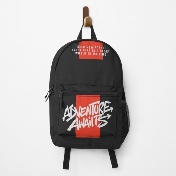 Item preview, Graffiti White Text "Adventure Awaits" Typography w/ Red Band on Black designed and sold by LOVE, AMY.