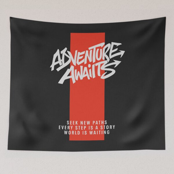 Item preview, Graffiti White Text "Adventure Awaits" Typography w/ Red Band on Black designed and sold by LOVE, AMY.