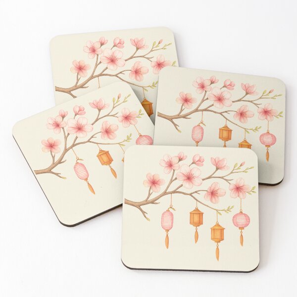 Item preview, Cherry Blossom Branch with Lanterns – Watercolor Festival Art designed and sold by Broken Minimalister.