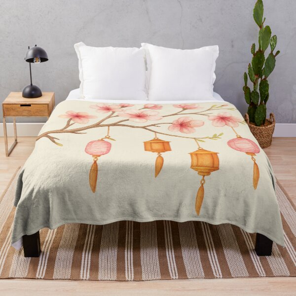 Item preview, Cherry Blossom Branch with Lanterns – Watercolor Festival Art designed and sold by Broken Minimalister.
