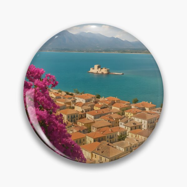 Item preview, Nafplio Greece Poster – Bourtzi Castle & Bougainvillea Travel Print designed and sold by LifmusGoDesigns.