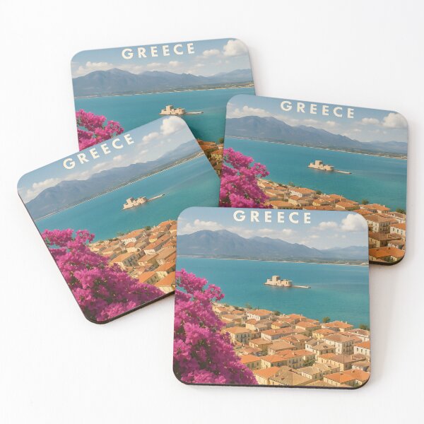 Item preview, Nafplio Greece Poster – Bourtzi Castle & Bougainvillea Travel Print designed and sold by LifmusGoDesigns.