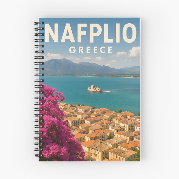 Item preview, Nafplio Greece Poster – Bourtzi Castle & Bougainvillea Travel Print designed and sold by LifmusGoDesigns.