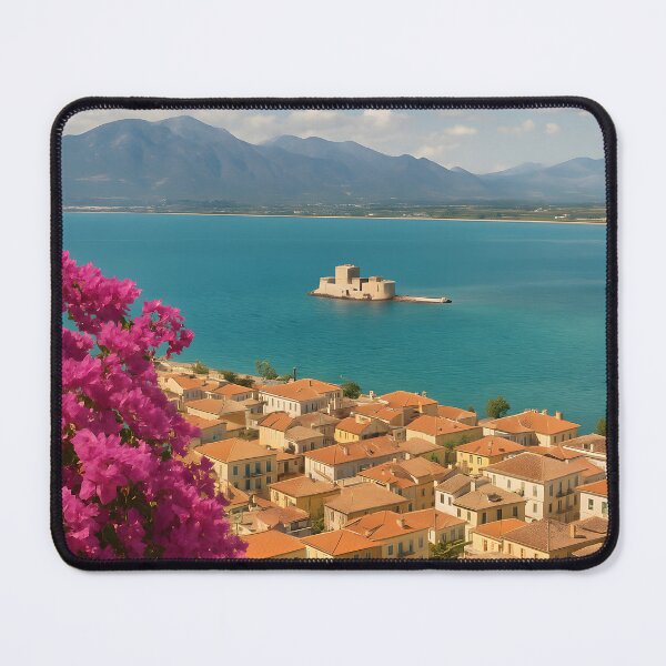 Item preview, Nafplio Greece Poster – Bourtzi Castle & Bougainvillea Travel Print designed and sold by LifmusGoDesigns.