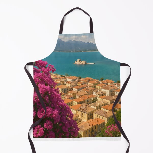 Item preview, Nafplio Greece Poster – Bourtzi Castle & Bougainvillea Travel Print designed and sold by LifmusGoDesigns.