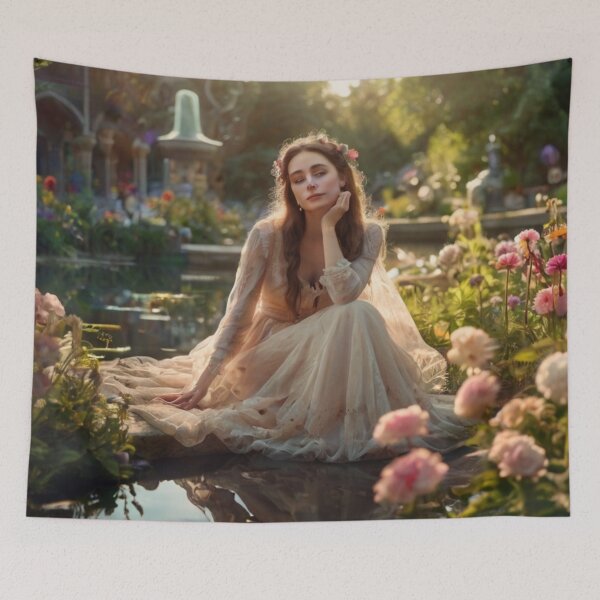 Aperçu de l'œuvre Victorian Woman Among Flowers by the Water’s Edge créée et vendue par BlareBlare.