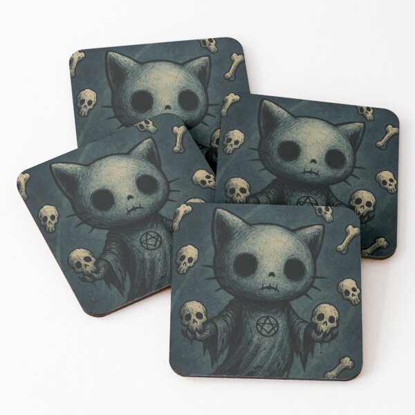Item preview, Hello kitty: creepy character in black robe levitating like a ghost on a blue background with floating skulls designed and sold by art-emissa.