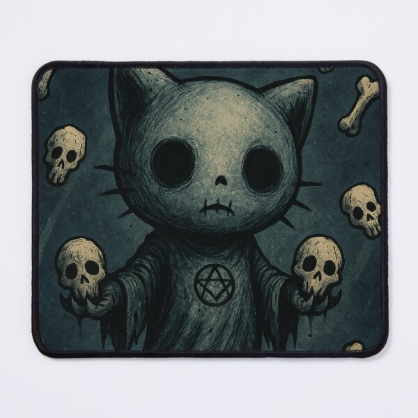Item preview, Hello kitty: creepy character in black robe levitating like a ghost on a blue background with floating skulls designed and sold by art-emissa.