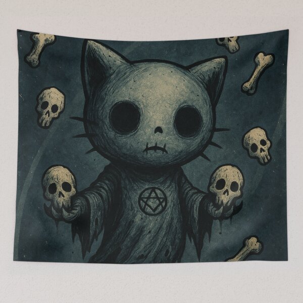 Item preview, Hello kitty: creepy character in black robe levitating like a ghost on a blue background with floating skulls designed and sold by art-emissa.