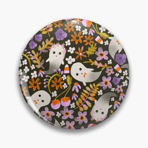 Item preview, Cute Halloween Ghosts in Bright Florals &Cottage Look &purple pink on black designed and sold by aneladesigns.