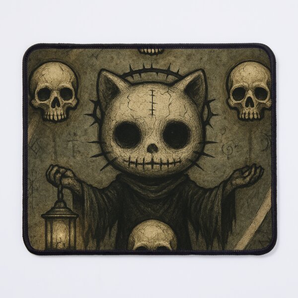 Item preview, Hello creepy kitty in black robe levitating with floating skulls designed and sold by art-emissa.
