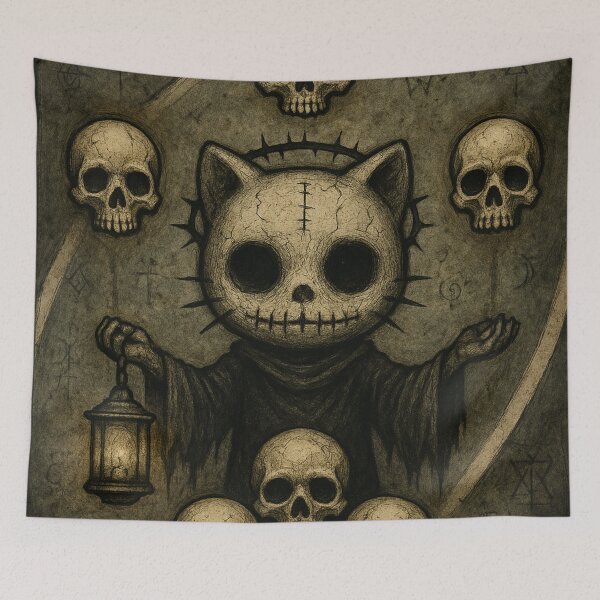 Item preview, Hello creepy kitty in black robe levitating with floating skulls designed and sold by art-emissa.