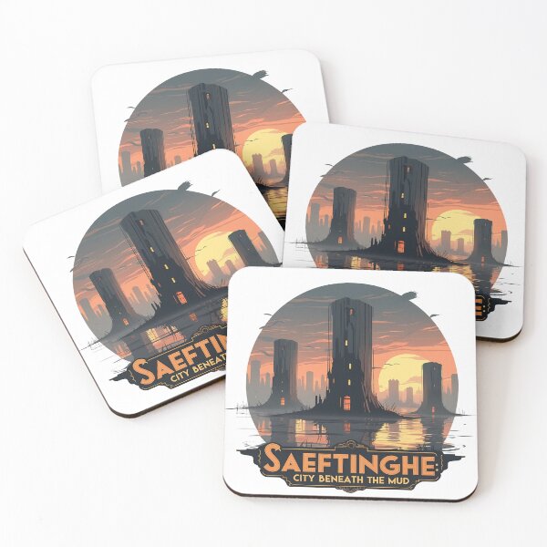 Item preview, Saeftinghe City Beneath the Mud – Retro Sunset Swamp Ghostly Towers Folklore Illustration designed and sold by LoliDesignShop.