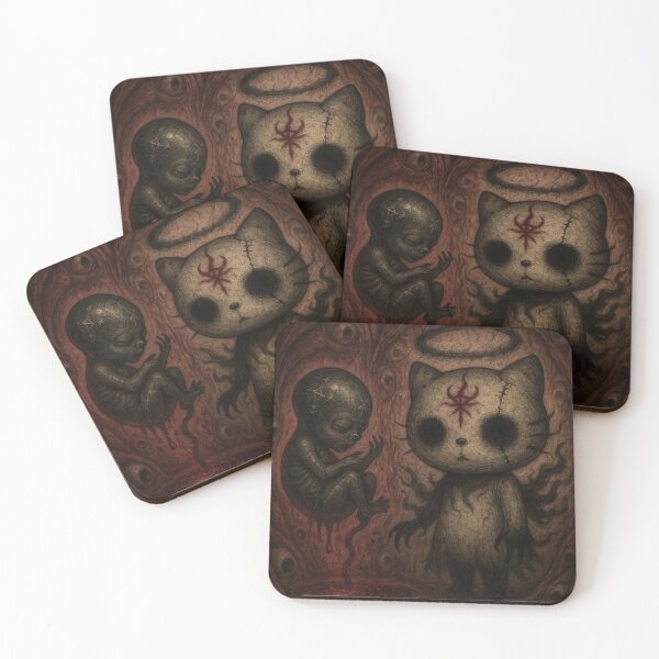 Item preview, Hello kitty: creepy spirit with halo and red runes next to a dark baby designed and sold by art-emissa.