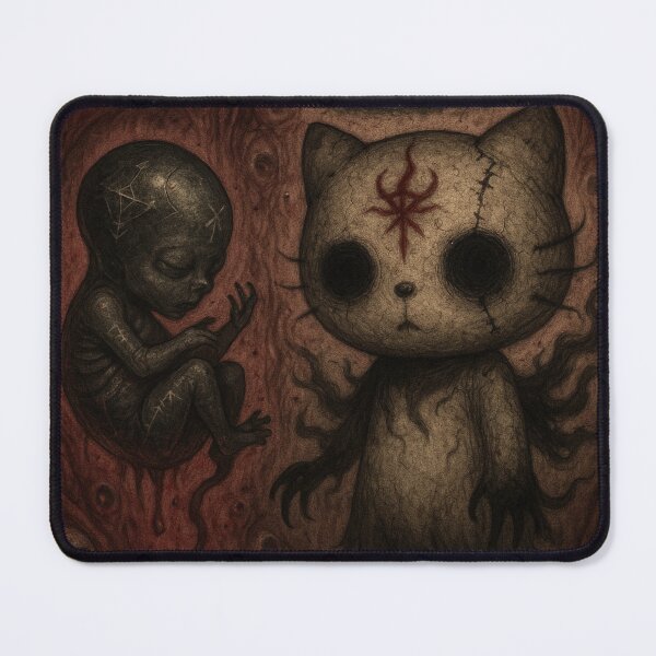 Item preview, Hello kitty: creepy spirit with halo and red runes next to a dark baby designed and sold by art-emissa.
