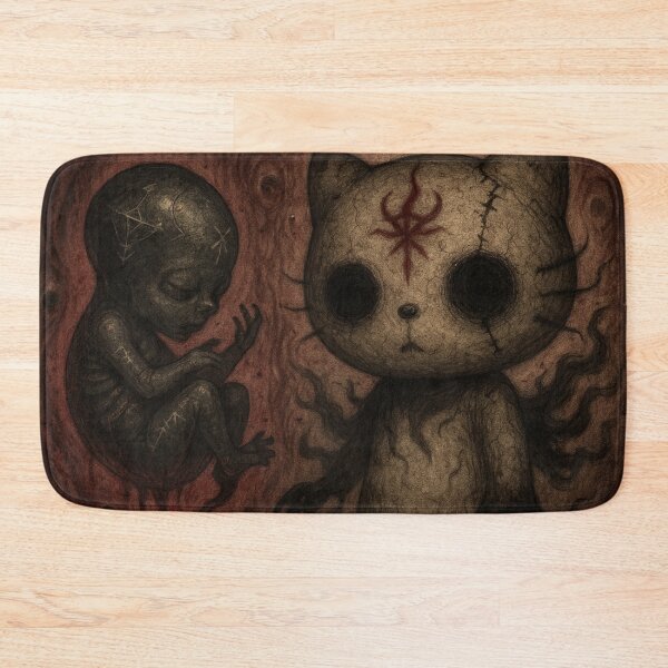 Item preview, Hello kitty: creepy spirit with halo and red runes next to a dark baby designed and sold by art-emissa.