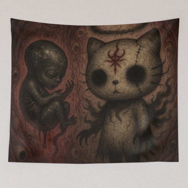Item preview, Hello kitty: creepy spirit with halo and red runes next to a dark baby designed and sold by art-emissa.