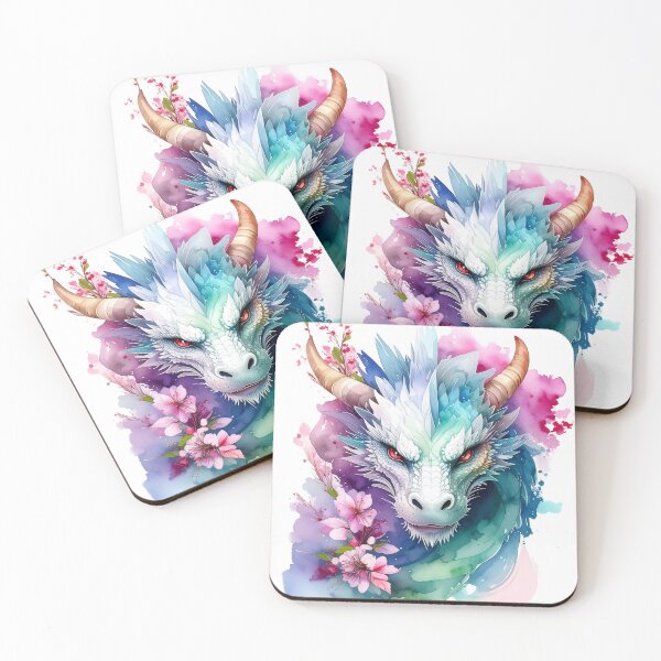 Item preview, Dragon head surrounded by bright watercolor cherry blossoms designed and sold by LiskoDesign.