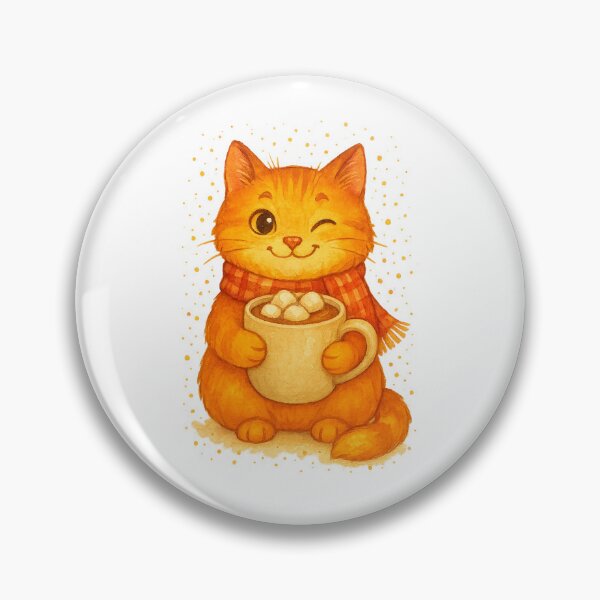 Aperçu de l'œuvre Chat d'automne douillet - Chat roux qui fait un clin d'œil avec du chocolat chaud créée et vendue par Liv Solara.