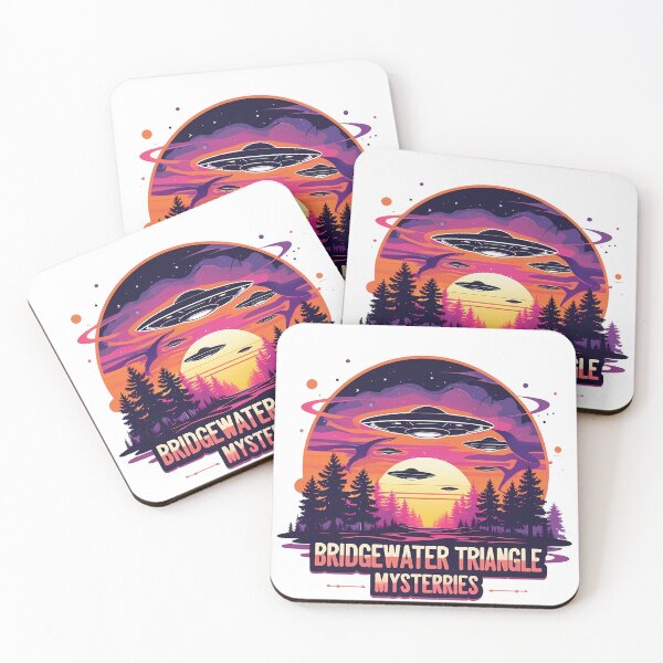 Item preview, Bridgewater Triangle Mysteries – Retro Paranormal UFO Cryptid Pine Forest Sunset Illustration designed and sold by LoliDesignShop.