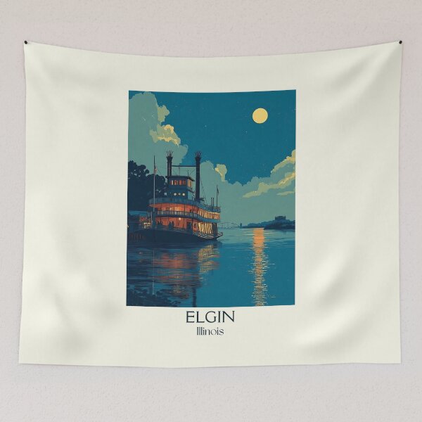 Item preview, Elgin Illinois Vintage Travel Poster | Fox River Steamboat Art designed and sold by TuncGK.