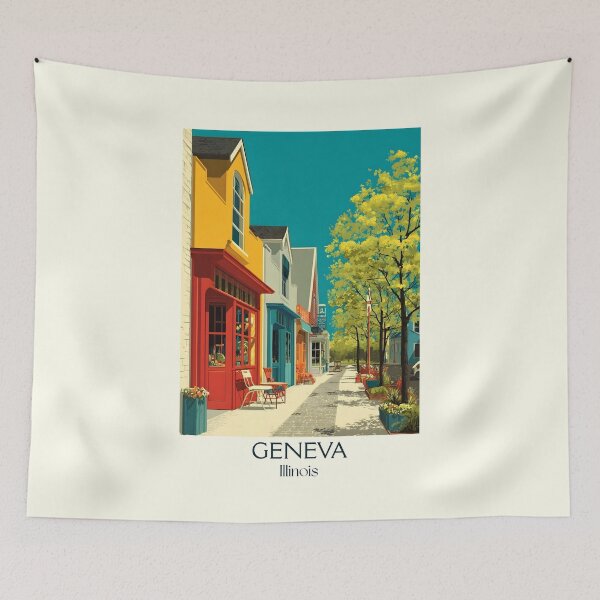 Item preview, Geneva Illinois Vintage Travel Poster | Charming Downtown Shops designed and sold by TuncGK.