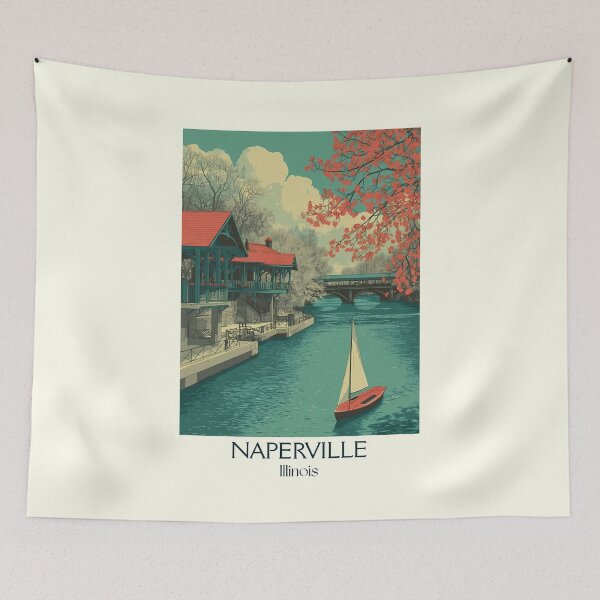 Item preview, Naperville Illinois Vintage Travel Poster | Riverwalk Scenery Art designed and sold by TuncGK.