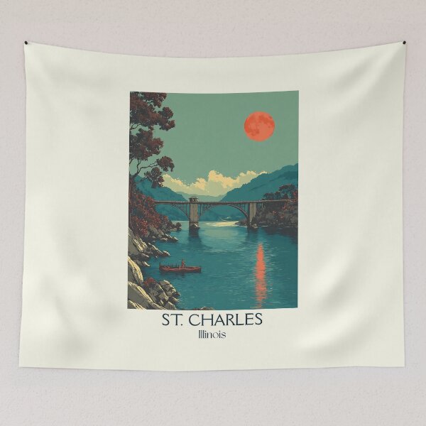 Item preview, St. Charles Illinois Vintage Travel Poster | Fox River Bridge Art designed and sold by TuncGK.