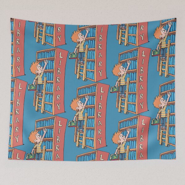 Item preview, boy stands on a ladder in the library and chooses a book designed and sold by duxpavlic.