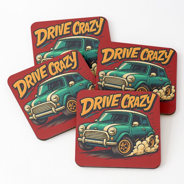 Item preview, Drive Crazy – Retro Mini Cooper in burnout style with Action lettering designed and sold by Urban Echo – Where Creativity Echoes.