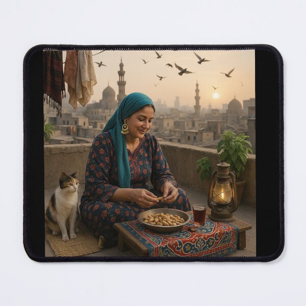 Item preview, Egyptian Rooftop Serenity Vintage Cairo Woman with Cat designed and sold by TuyaArts.