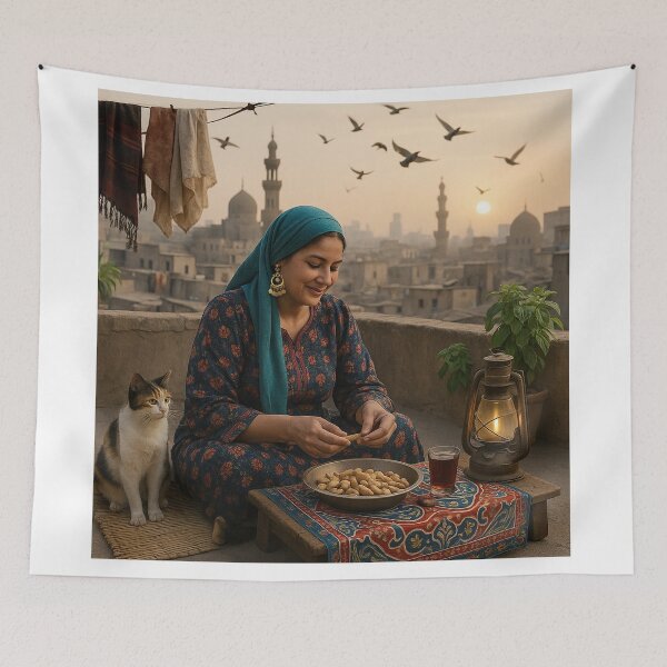 Item preview, Egyptian Rooftop Serenity  Vintage Cairo Woman with Cat designed and sold by TuyaArts.