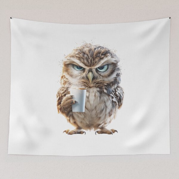 Item preview, Grumpy Owl with Coffee – Morning Mood Animal Art designed and sold by VisionaryVeils.