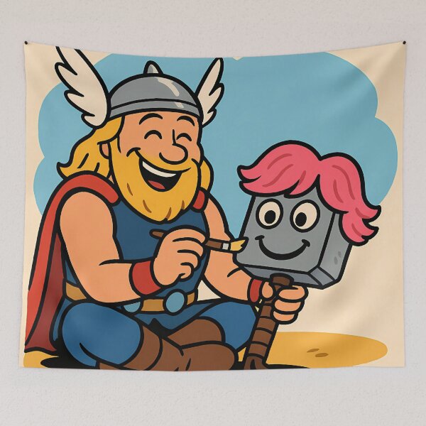 Item preview, "Thor Decorating Mjolnir – Funny Norse Cartoon" designed and sold by NorseDrip.
