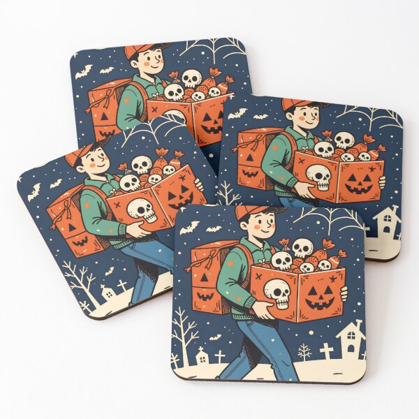 Item preview, Delliverymen happily carries Halloween treats in a spooky neighborhood under a full moon designed and sold by SpaceartLilu.