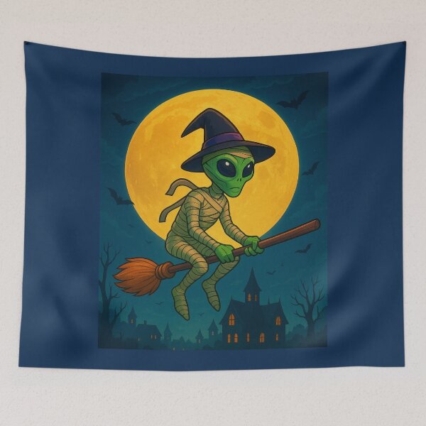 Item preview, Broomstick Mummy: Halloween Trick-or-Treat, a vibrant and spooky design with an Alien Mummy Flying on a Broomstick designed and sold by Grang Art Artistic Designs.