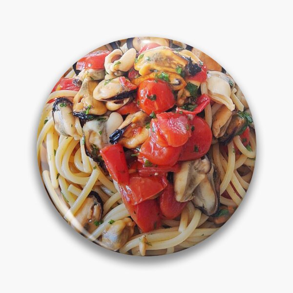 Item preview, Spaghetti with Mussels & Cherry Tomatoes Pin Button designed and sold by gaussina.